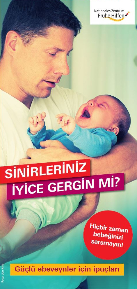Broschüre Faltblatt Schütteltrauma "Ihre Nerven liegen blank?" auf Türkisch