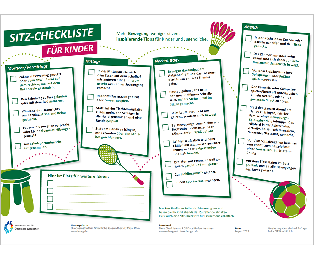 Das Bild zeigt eine Vorschau des Mediums "Sitzcheck für Kinder und Jugendliche: Mitmachangebot Ernährung - Bewegung - Stressregulation"