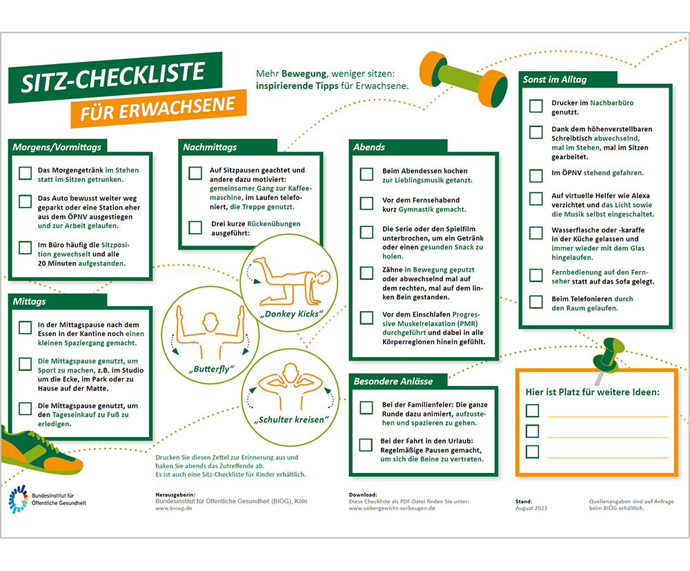 Das Bild zeigt eine Vorschau des Mediums "Sitzcheck für Erwachsene: Mitmachangebot Ernährung - Bewegung - Stressregulation"
