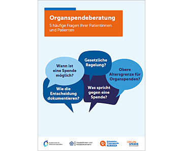 Das Bild zeigt eine Vorschau des Mediums "Organspendeberatung - 5 häufige Fragen Ihrer Patientinnen und Patienten"