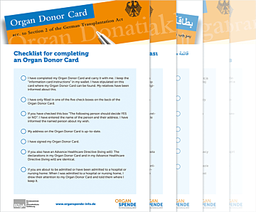 Das Bild zeigt eine Vorschau des Mediums "Checkliste zum Organspendeausweis (6 Fremdsprachen)"