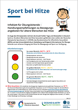 Das Bild zeigt eine Vorschau des Mediums "Infoblatt für Übungsleitende - Handlungsempfehlungen zu Bewegungsangeboten für ältere Menschen bei Hitze"