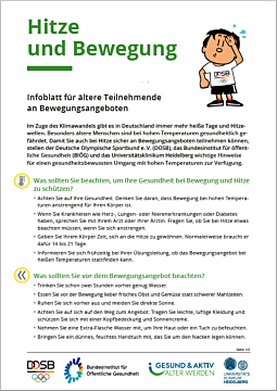 Das Bild zeigt eine Vorschau des Mediums "Hitze und Bewegung - Infoblatt für ältere Teilnehmende an Bewegungsangeboten"