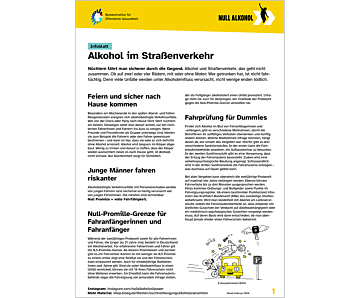 Das Bild zeigt eine Vorschau des Mediums "Infoblatt: Alkohol im Straßenverkehr"