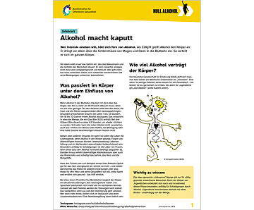 Das Bild zeigt eine Vorschau des Mediums "Infoblatt: Alkohol macht kaputt"