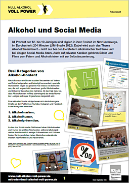 Das Bild zeigt eine Vorschau des Mediums "Arbeitsblatt: Alkohol und Social Media"