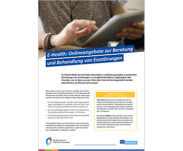 Das Bild zeigt eine Vorschau des Mediums "Themenblatt: E-Health – Onlineangebote zur Beratung und Behandlung von Essstörungen"