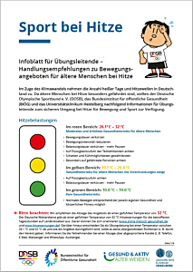 Das Bild zeigt eine Vorschau des Mediums "Infoblatt für Übungsleitende - Handlungsempfehlungen zu Bewegungsangeboten für ältere Menschen bei Hitze"
