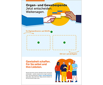 Das Bild zeigt die Vorschau des Mediums Flyer mit zwei Organspendeausweisen - Jetzt entscheiden. Weitersagen.