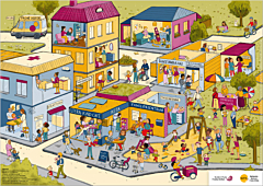 Das Bild zeigt eine Vorschau des Mediums "Wimmelbild-Plakat Frühe Hilfen"