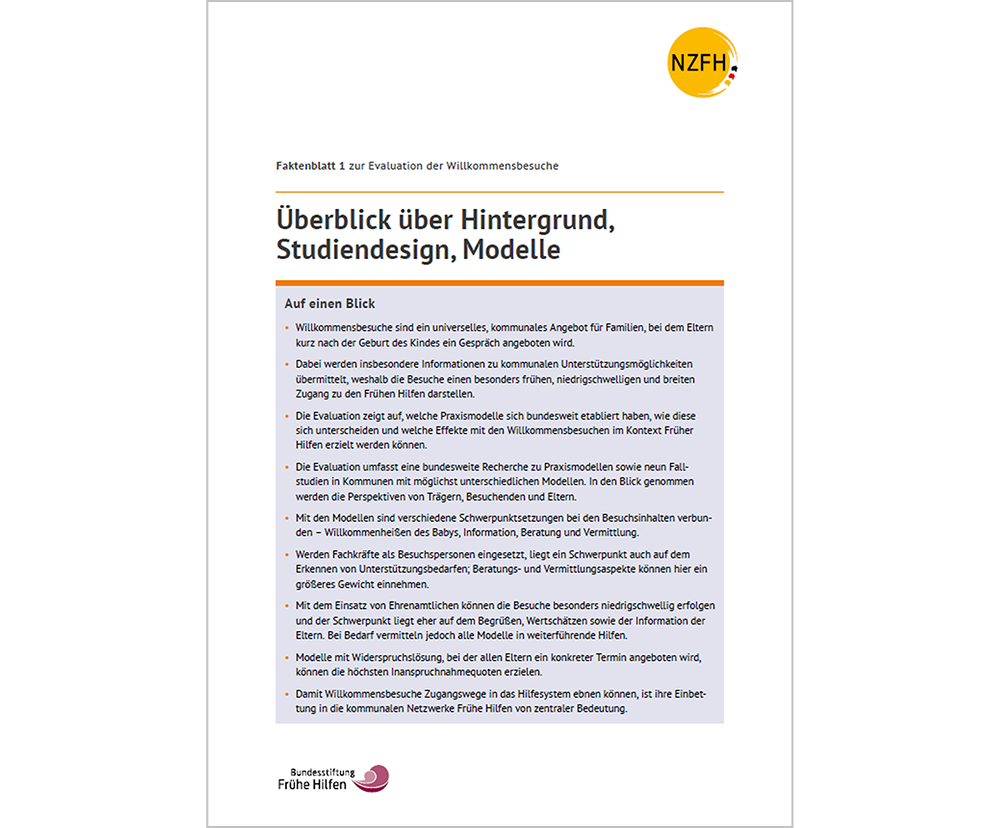Das Bild zeigt eine Vorschau des Mediums "Faktenblatt 1 zur Evaluation der Willkommensbesuche: Überblick über Hintergrund, Studiendesign, Modelle"