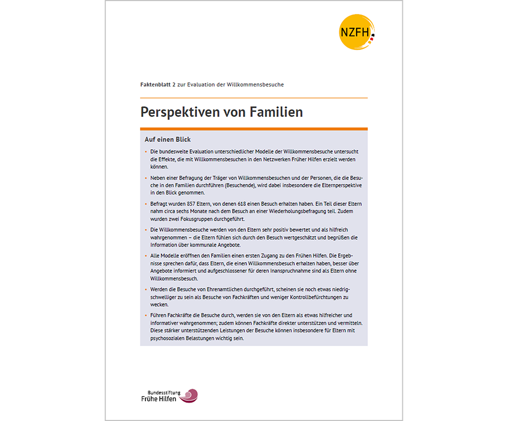 Das Bild zeigt eine Vorschau des Mediums "Faktenblatt 2 zur Evaluation der Willkommensbesuche: Perspektiven von Familien"