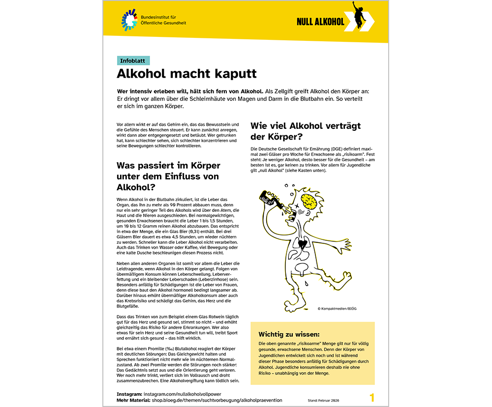 Das Bild zeigt eine Vorschau des Mediums "Infoblatt: Alkohol macht kaputt"