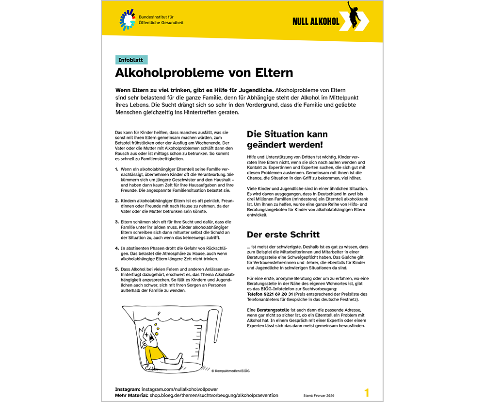 Das Bild zeigt eine Vorschau des Mediums "Infoblatt: Alkoholprobleme von Eltern"
