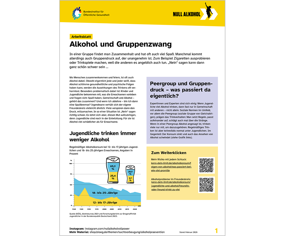 Das Bild zeigt eine Vorschau des Mediums "Arbeitsblatt: Alkohol und Gruppenzwang"