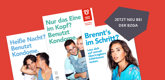 3 Plakate der Kopfkino-Kampagne aufgefächert mit dem Hinweis: Jetzt neu bei der BZgA